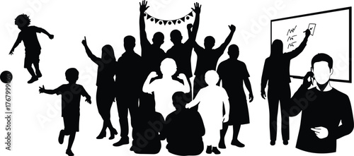 Silhouette illustration of children playing, group celebration, teaching, and phone call representing education, communication, teamwork, and joyful human interaction