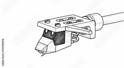 Turntable stylus cartridge music equipment vector line art illustration.