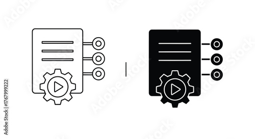 Icons representing a document with settings and play button, and a structured list with connections