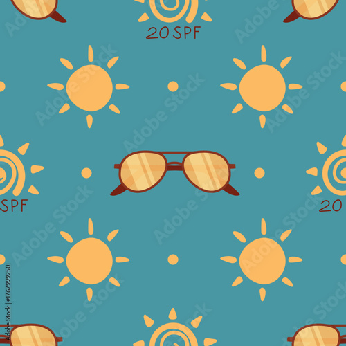 Seamless flat sunscreen bottle sun pattern. Sunblock bottle repeat, sunglasses accent, summer lotion, spf protection and sun motif combine for vibrant seamless pattern. Summer care, flat style, ideal