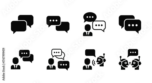 Set of icons representing communication and conversation between people and robots