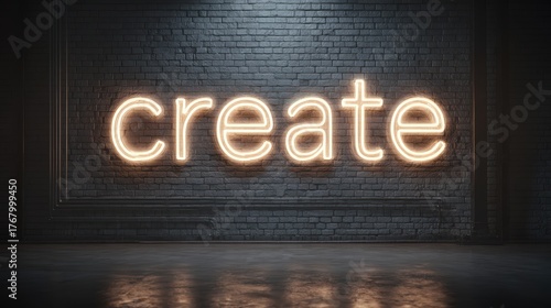 Glowing Neon Sign with the Word Create Against Dark Brick Wall