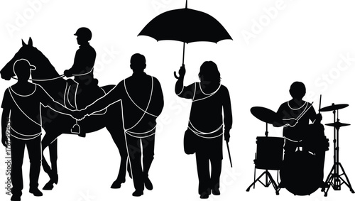 Silhouette illustration of horse riding, teamwork, umbrella shading, and drummer performance in expressive black and white vector art style
