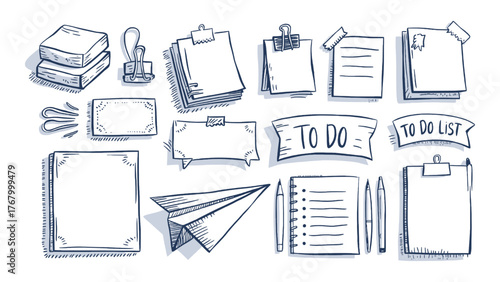Hand drawn stationery doodle set with to do list, notes, clips, clipboard, pens, paper plane, blank banners, planner icons vector
