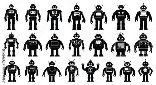 Collection of diverse robot silhouettes in various poses and styles