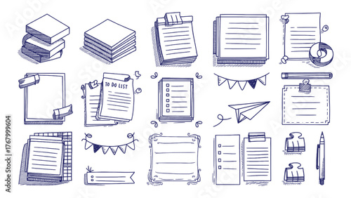Hand drawn office stationery doodle set with paper notes checklist to do list banner pen clip paper plane vector illustration