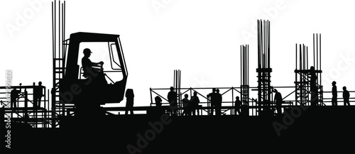 Construction site silhouette, workers, crane, rebar, scaffolding, infrastructure, teamwork, industrial, urban development, concrete, labor, machinery, engineering, steel, framework, building