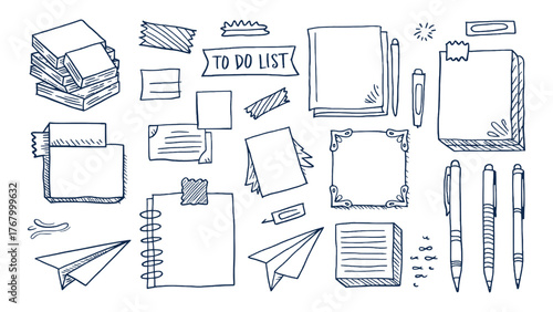 Hand drawn stationery doodle set with to do list paper notes pens paper plane frame tape sketch office vector illustration
