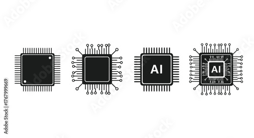 Set of four microchip icons, two with ai text