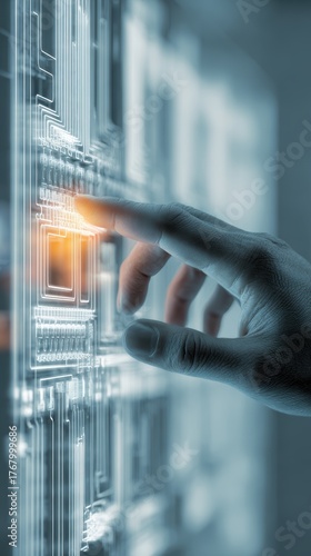Human Finger Touching Circuit Board in Futuristic Technology Scene