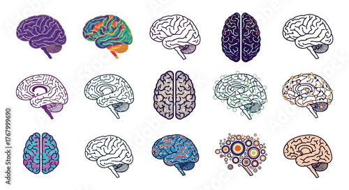 A collage of diverse brain illustrations, showcasing different styles and perspectives, including anatomical, artistic, and abstract representations, isolated on a