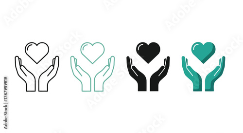 Set of icons depicting hands holding a heart symbol in various styles, representing care, love, and support