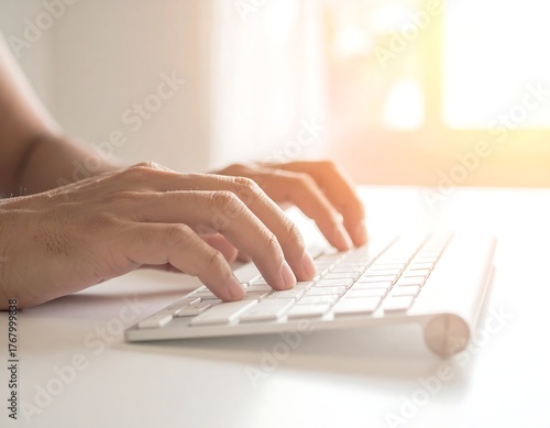 Close-up of human hands typing on a white keyboard