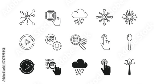 Collection of technology and digital icons, including network nodes, computer chip, cloud computing, search, play button, binary code, and robot heads