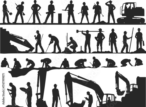 Construction workers, excavators, heavy machinery, infrastructure development, labor force, industrial site, silhouette illustration, teamwork, tools, engineering, black and white