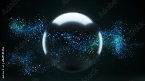 Abstract Sphere with Swirling Blue and Green Particles in Dark Space.