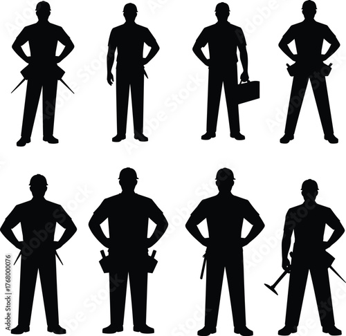 Silhouettes of workers, construction tools, labor professions, industrial roles, tradespeople, manual jobs, helmet safety, skilled workforce, infrastructure, black and white
