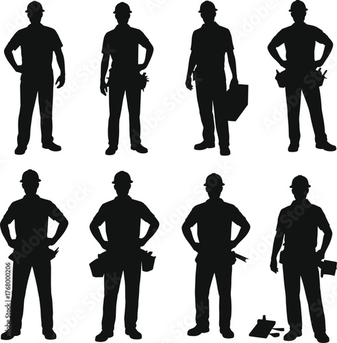 Construction workers silhouettes, hard hats, tool belts, manual labor, industrial safety, teamwork, building site, tradesmen, tools, infrastructure, repair, maintenance, job site, contractor, engineer
