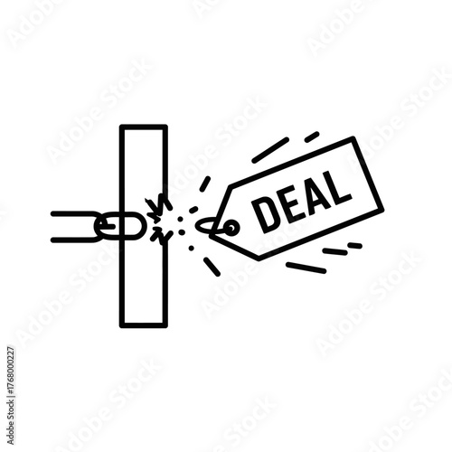 A hand holding a price tag with the word DEAL on it breaking through a barrier symbolizing a breakthrough deal or opportunity.