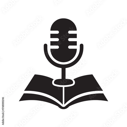 Black microphone icon above open book silhouette on white background reading podcast
