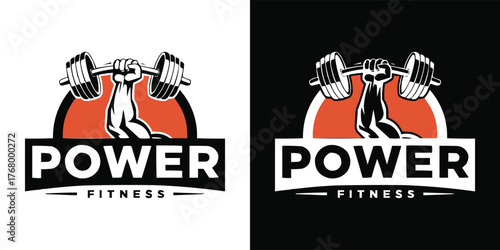Power Fitness gym logo with muscular arm lifting barbell in bold black and orange design for sports training branding and bodybuilding inspiration