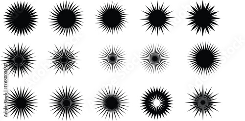 Abstract radial starburst silhouette set with geometric spikes, circular symmetry, burst variations, black shapes, technical design elements collection