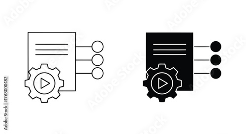 Icons representing document processing and workflow automation, featuring a document, gear, and play button in outline and solid black styles