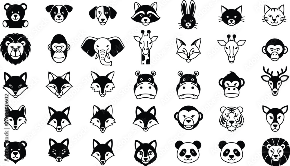 Obraz premium Animal face icon vector set featuring 35 black and white cartoon-style heads of wild and domestic animals for graphic design