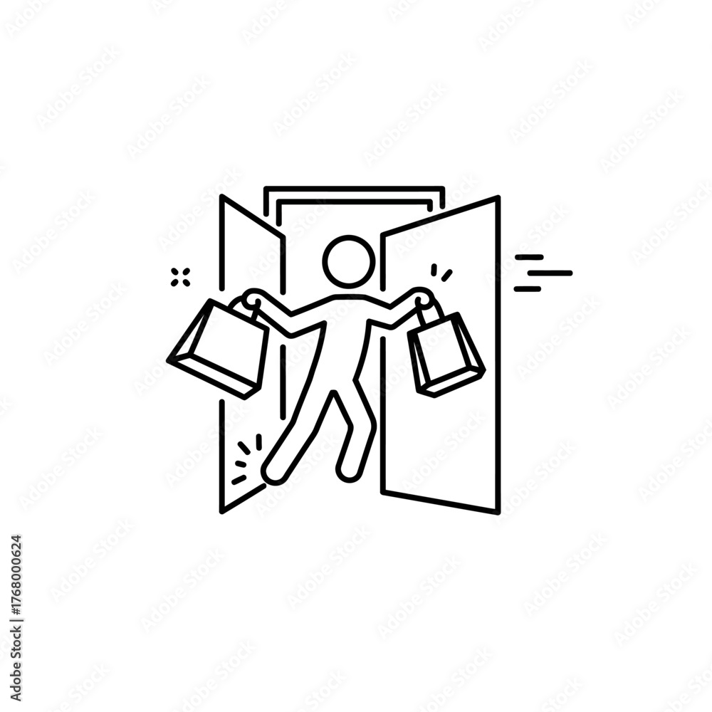 Fototapeta premium Outline icon of a person with shopping bags walking through a door.