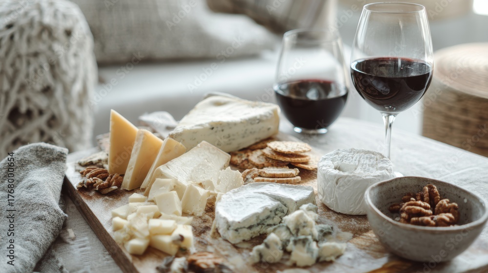 Fototapeta premium Cheese and Wine Pairing on Wooden Board with Glasses of Red Wine