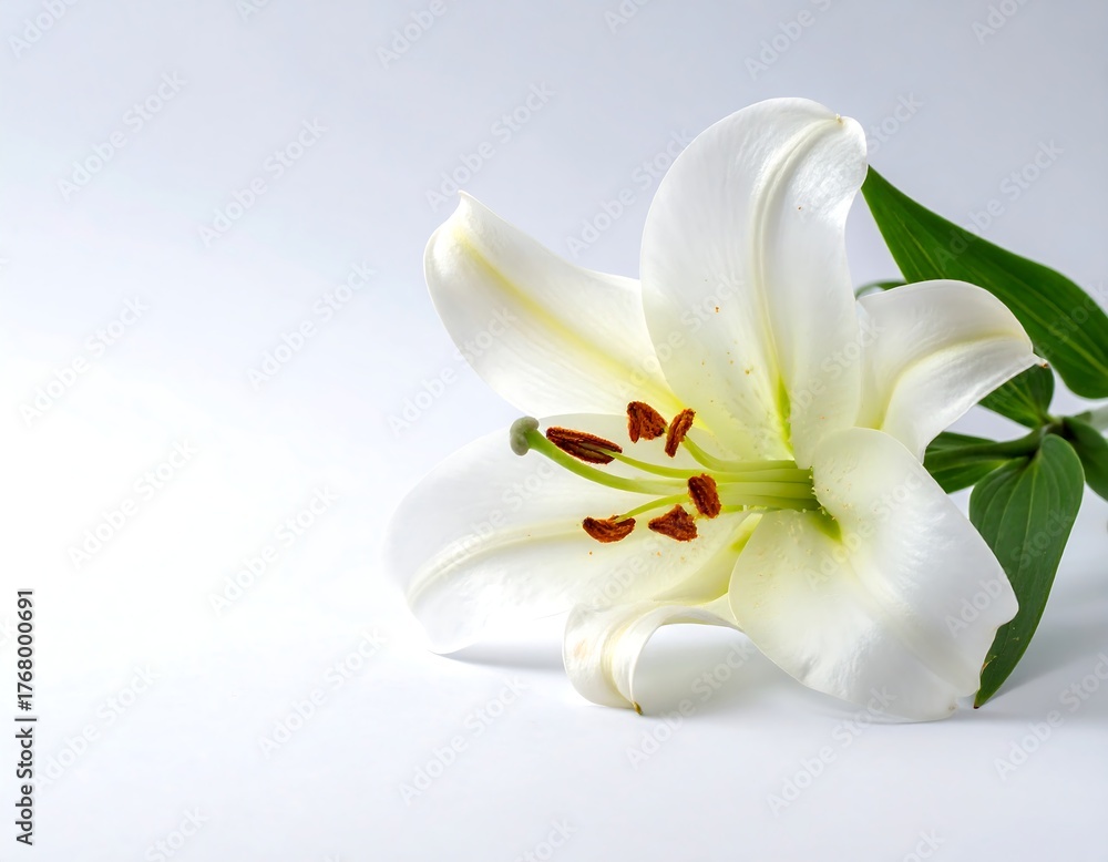 Obraz premium Close-up of a pure white lily with its green leaves on white