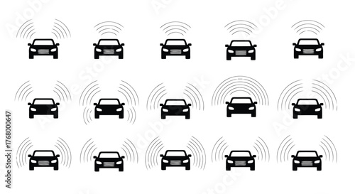 Set of car icons with signal waves, representing autonomous driving technology and connectivity