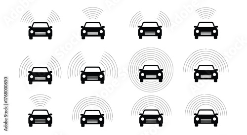 Collection of twelve black icons depicting cars with radiating waves, symbolizing sensor technology, connectivity, and autonomous driving features