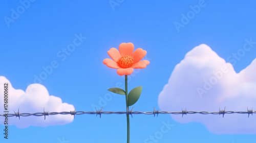 Never give up, A blooming flower grows resiliently through a barbed wire fence, symbolizing beauty and strength in a harsh environment.
