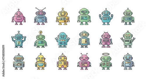 Group of colorful cartoon robots with different expressions and designs