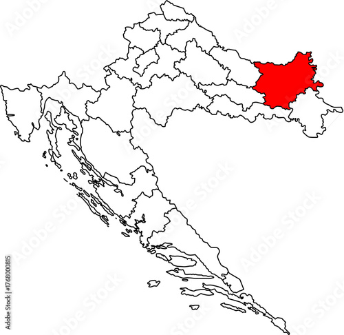 Red highlighted Osijek-Baranja County on an editable vector map of Croatia. Features all 21 administrative divisions as outlines, ideal for data presentation and infographics.