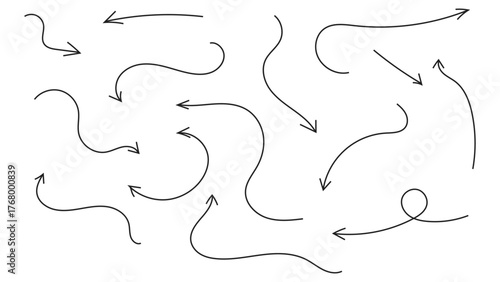 Collection of Hand-Drawn Arrow Icons. Abstract Grunge Scribble, Chalk Texture, and Brush Stroke Lines in Curved Up and Down Directions. Vector Illustration