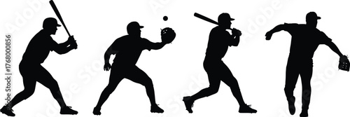 Baseball player silhouettes in action poses including batter, pitcher, fielder, and swing motion isolated on white background for sports design