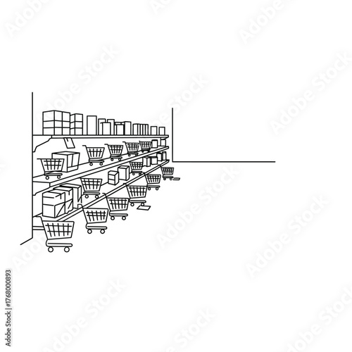 Shopping Carts and Shelves in a Store Aisle Line Art.