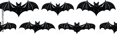 Bat silhouette vector pattern with wings spread, black flying bats in rows for Halloween, horror, decoration, textile, and design use