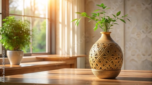 Sunlit interior scene featuring an intricately carved ceramic vase filled with vibrant green foliage, resting on a polished wooden table near a window