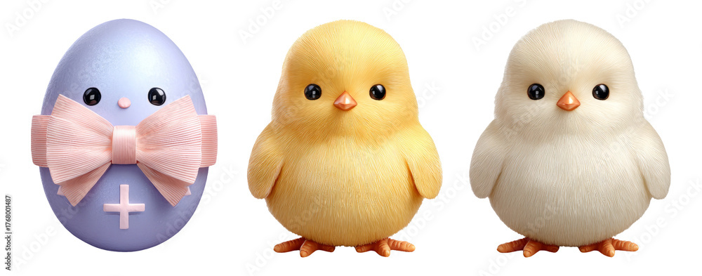 Fototapeta premium Cute Easter Chick and Egg with Bow on Transparent Background