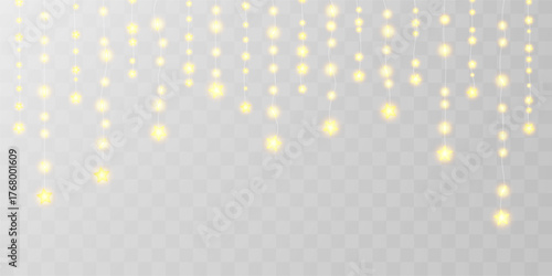 Light bulbs curtain, star festoon header. Fairy garland hanging strings. Christmas decoration png, holiday lamp ball, gold glitter festive pattern. 3d wire wedding party ornament, warm bokeh frame.