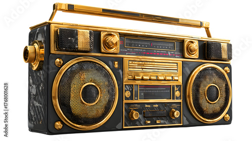 Ornate vintage gold and black boombox stereo cassette player with handle isolated on transparent background
