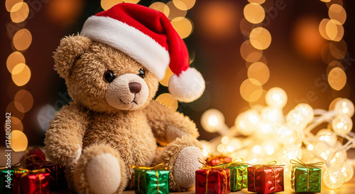Teddy Bear with Santa Hat and Christmas Lights