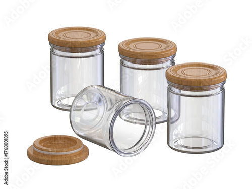 Multipurpose transparent glass bottles with wooden lids arranged in a disorderly manner without background. Glass bottle packaging mockup.