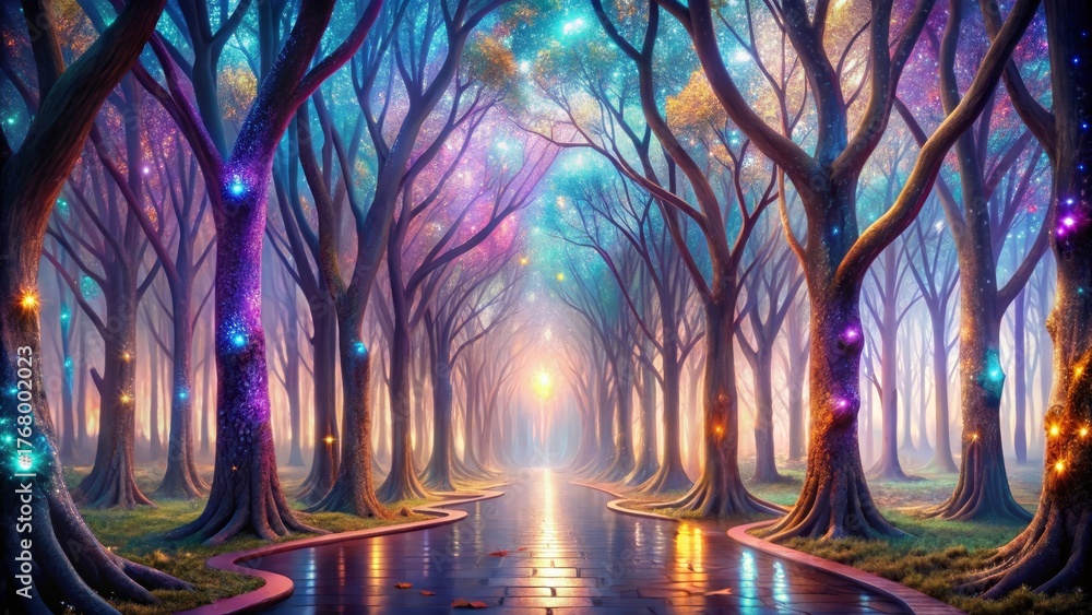 Fototapeta premium Enchanted Pathway Through a Glimmering, Mystical Forest of Sparkling Trees with a Serene, Illuminated Walkway