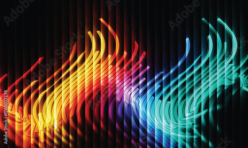 Neon Light Wave Abstract Background with Glowing Rainbow Curves