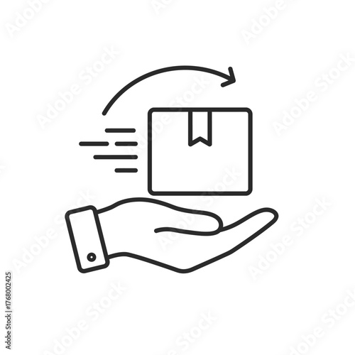 Hand holding a package with a curved arrow indicating movement.