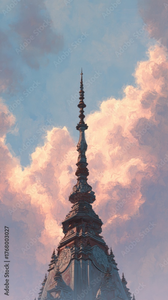 Obraz premium Ornate Spire Against Dramatic Sky with Soft Clouds at Dusk